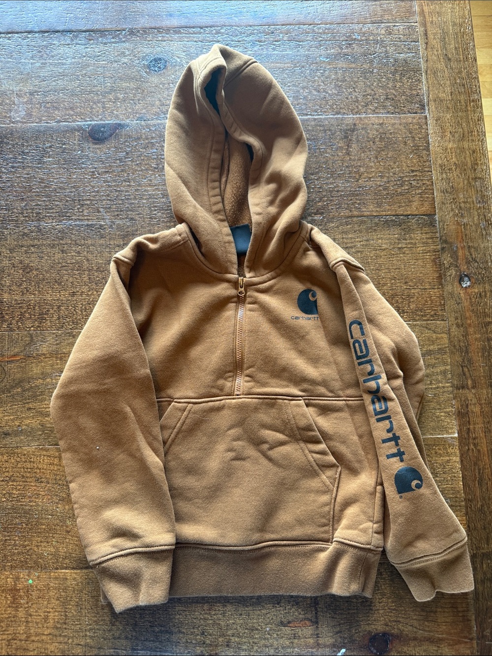 Carhartt Kids Tan/Brown Half-Zip Hooded Sweatshirt with Logo Sleeve